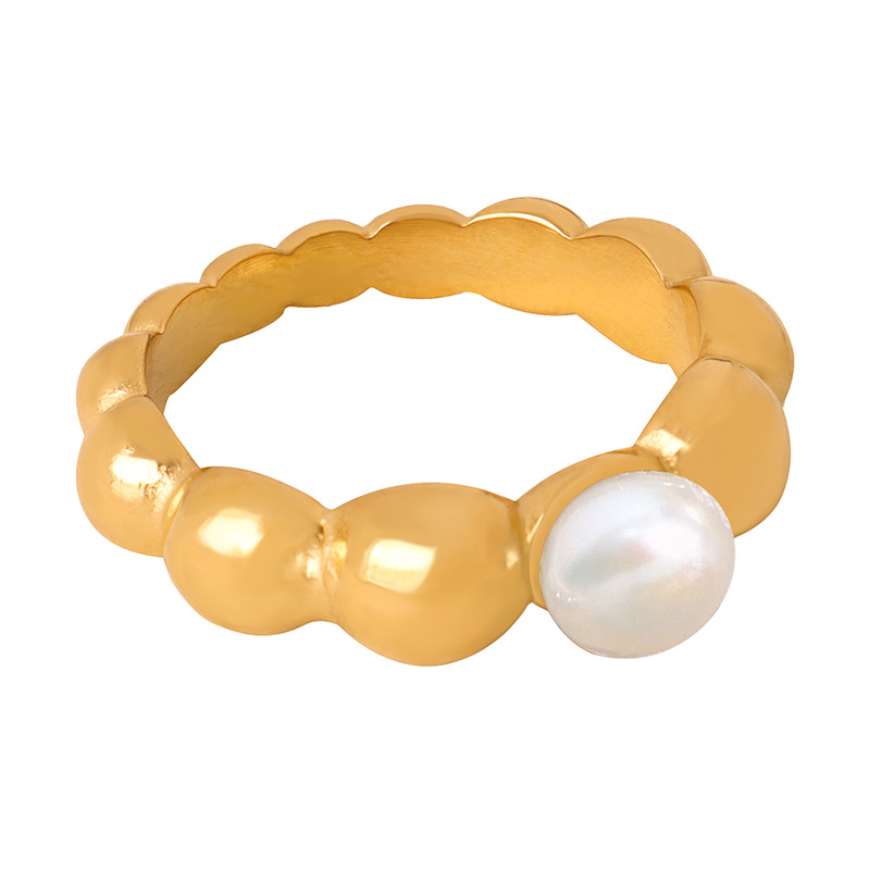 European High-End Titanium Steel Gold Plated Freshwater Pearl Ring Jewelry for Women Luxury Accessory