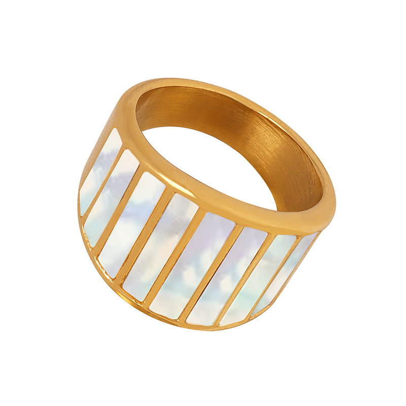 French New Design Retro White Mother of Pearl Wide Open Bold Unique Fashion Titanium Steel Gold Metal Ring for Women