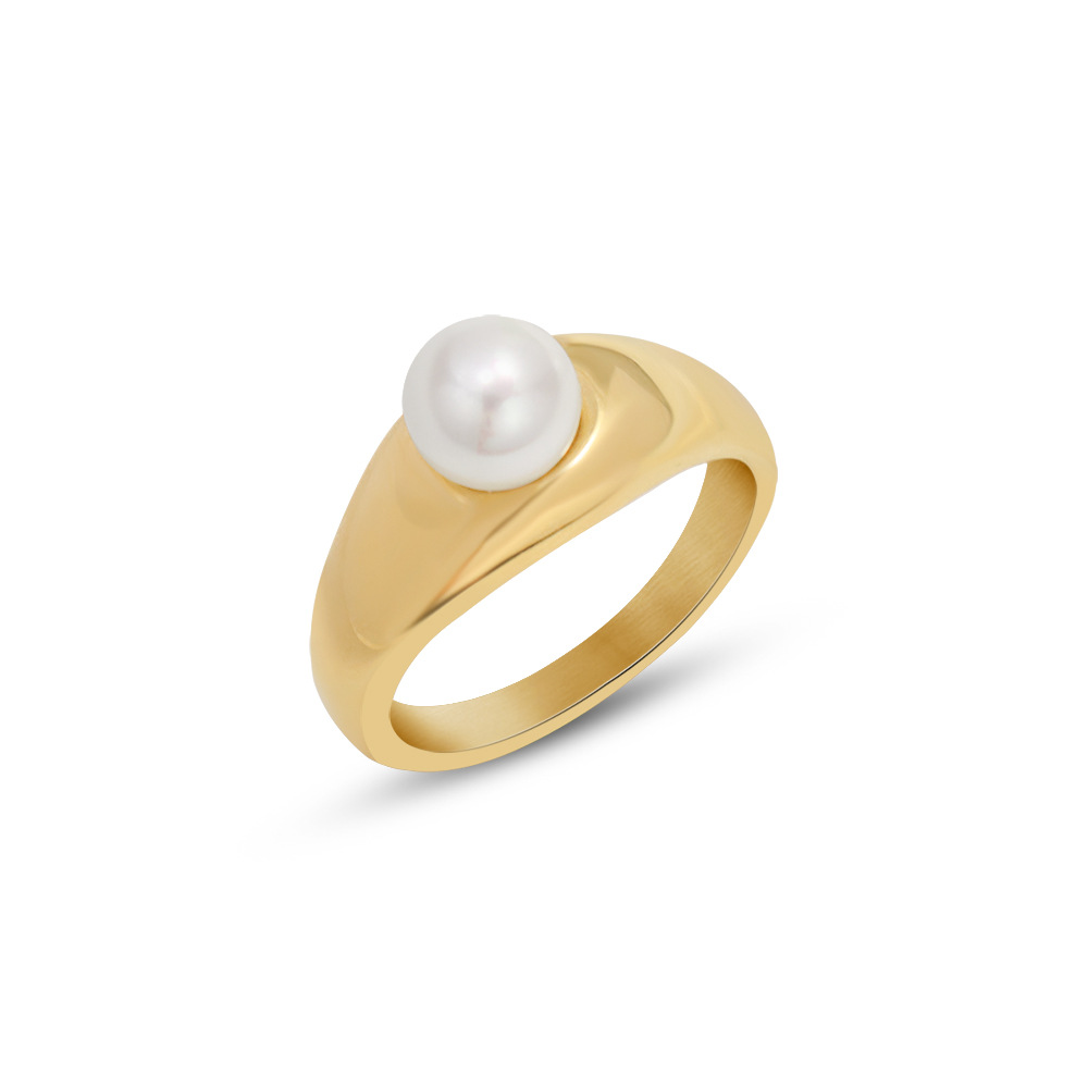French Ins Style Small Designer Imitation Pearl Ring Titanium Steel 18K PVD Gold Plated Stackable Finger Ring for Women