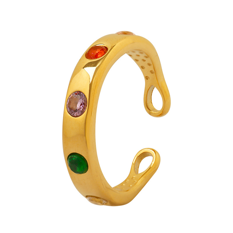 2025 New Trendy Non-Fading Korean Ins Style Multi-Color Zircon Open Finger Ring 18K PVD Gold Plated Jewelry