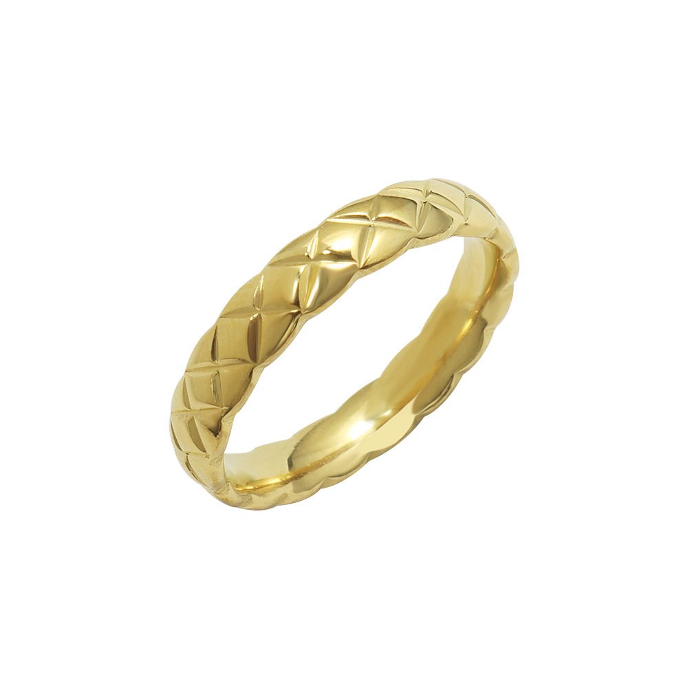 French Designer Vintage Jewelry 18K PVD Gold Plated Simple CZ Grid Titanium Steel Ring Ins Style