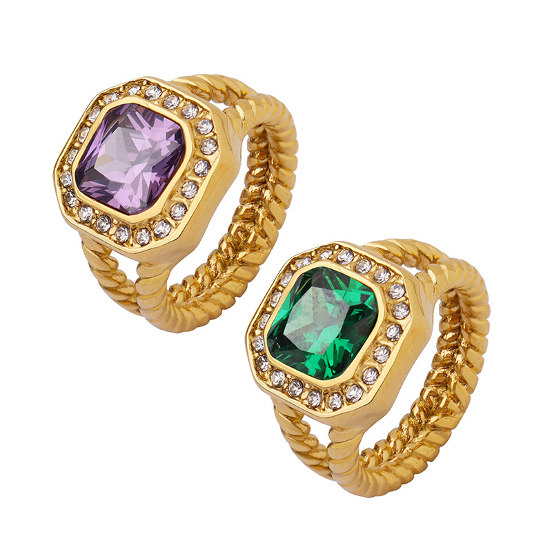 Hip-Hop Bold Fashionable Geometric Ring Inlaid with Purple Zircon and Green Crystal Titanium Steel 18K PVD Gold Plated