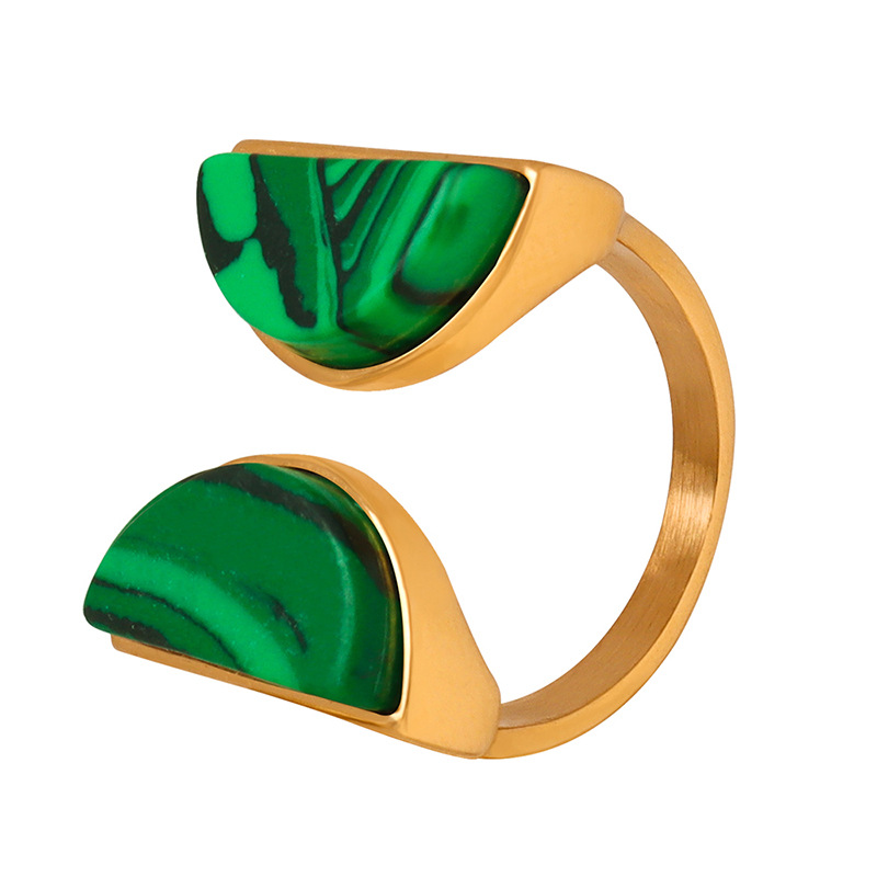 Retro Luxury Double Semi-Circle Open Ring Natural Peacock Green Turquoise Titanium Steel 18K PVD Gold Plated Jewelry for Women