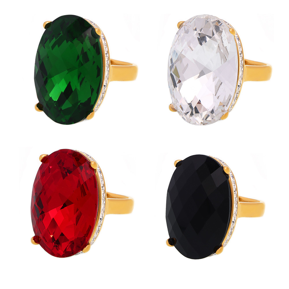 European Oval Stick CZ Large Glass Ring Titanium Steel 18K PVD Gold Plated Finger Ring Vintage Luxury Hand Jewelry
