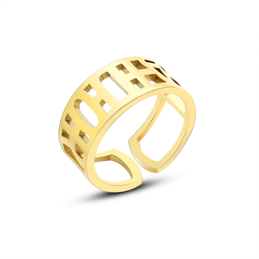 Open Adjustable Letter Hollow Ring Unisex Titanium Steel 18K PVD Gold Plated Tail Ring Jewelry
