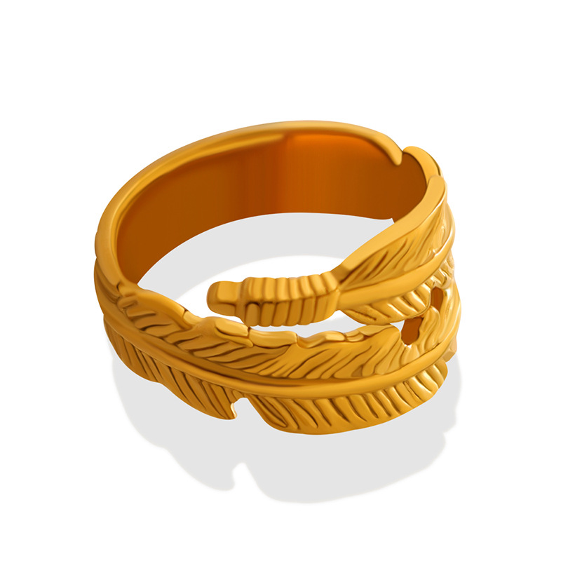 European New Style Small Design Trendy Feather Shaped Ring with Titanium Steel 18K PVD Gold Plating Fashion Jewelry