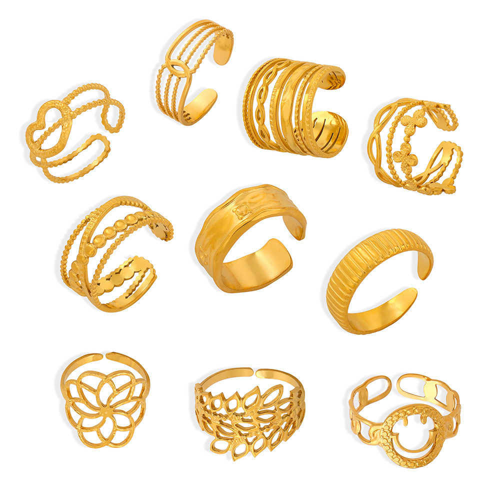 Fashionable Commuter Simple Geometric Hollow Multi-Layer Texture Spliced Design Titanium Steel Open Ring