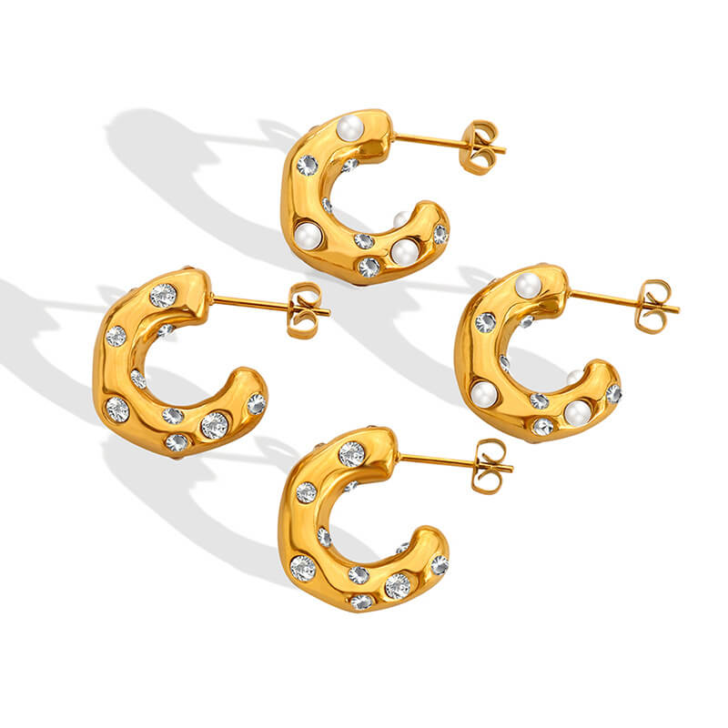 European Hot Selling Simulated Pearl Zircon C Shaped Earrings 18K Gold Plated Stainless Steel Vintage Jewelry