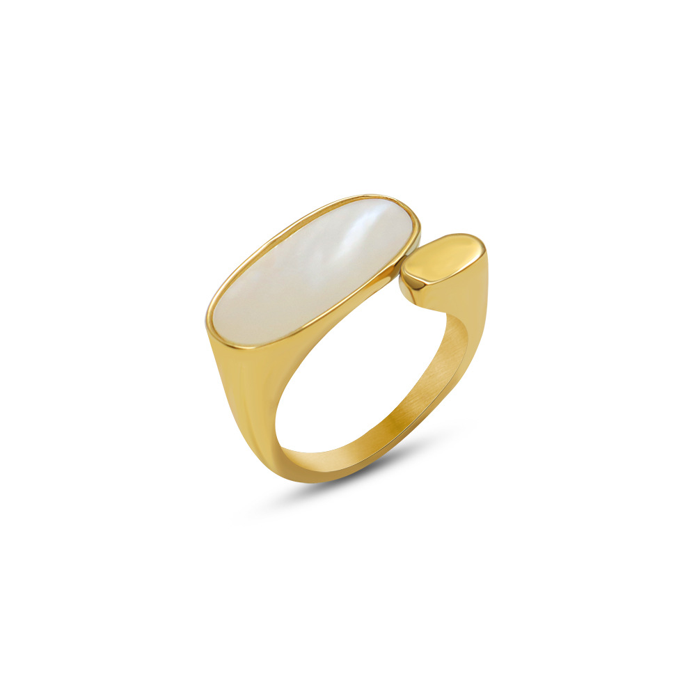 Ins Cold Style European Small Design Titanium Steel 18K PVD Gold Plated Oval Open Ring with White Mother of Pearl