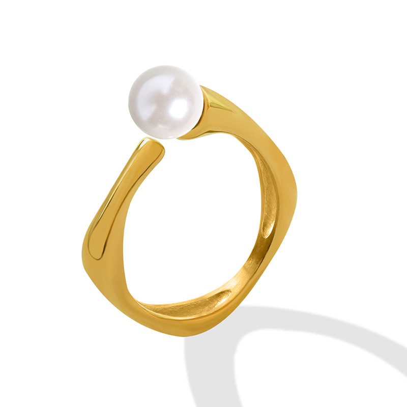 French New Style Vintage Fashion Faux Pearl Open Ring with Titanium Steel Gold Plated Finger Jewelry