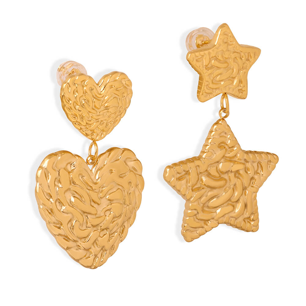 Korean trendy titanium steel 18k PVD gold plated heart and star dangle earrings lightweight stylish jewelry for women