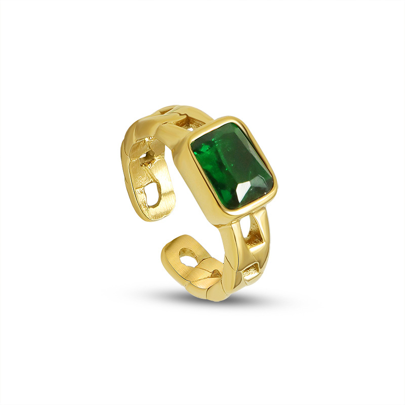French Inspired Small Chain Black Faceted CZ Ring for Women Open Finger Ring with Titanium Steel 18K PVD Gold Plating
