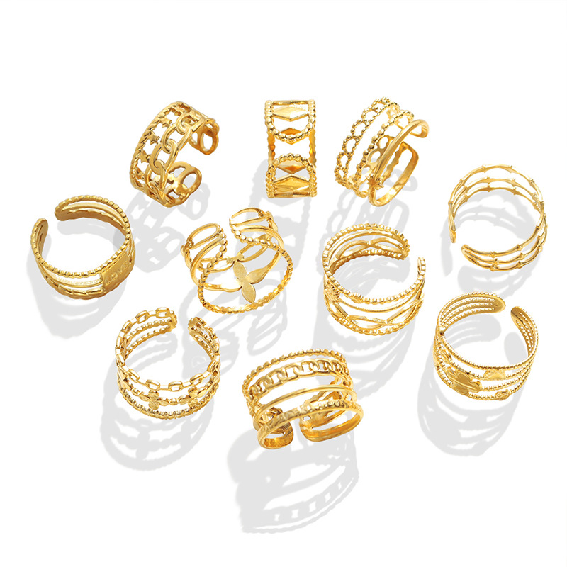Hot Selling Open Titanium Steel Gold Plated Geometric Style Mixed Fashion Trendy Rings for Hiphop Lovers