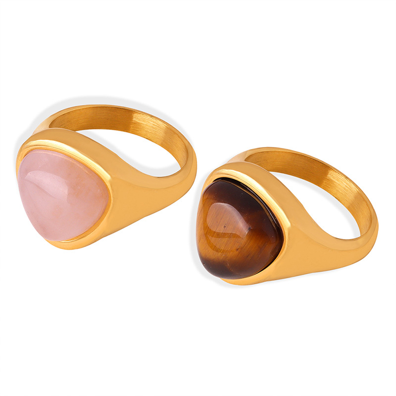 European Hot Selling Natural Rose Quartz and Tiger Eye Stone Vintage Luxury Elegant Couple Rings Titanium Steel