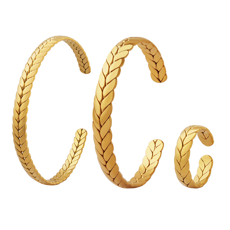 European Fade-Resistant Open Wheat Bracelet Ring Set with Titanium Steel Gold Plated Jewelry Z192150