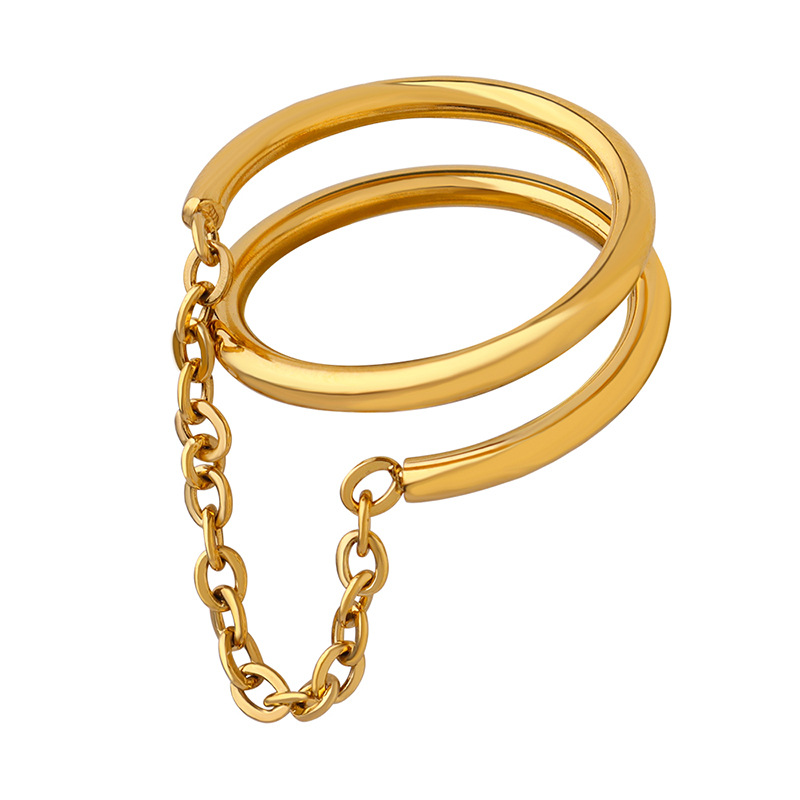 European Vintage Minimalist Double Layer Finger Ring with Small Chain for Women Titanium Steel 18K PVD Gold Plated