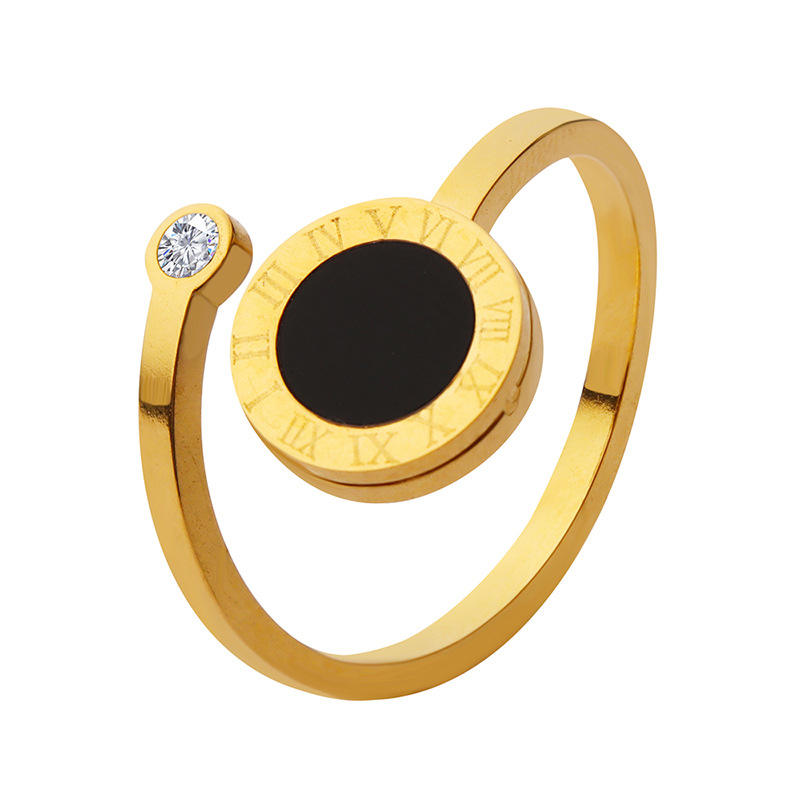 European Simple Small Design Fashion Open Ring with Gold Plating Zircon Inlay and Acrylic Titanium Steel Jewelry
