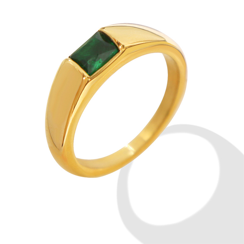 French Style 2025 New Green Zircon Inlaid Ring Elegant Fade-Resistant Titanium Steel 18K PVD Gold Plated Finger Jewelry