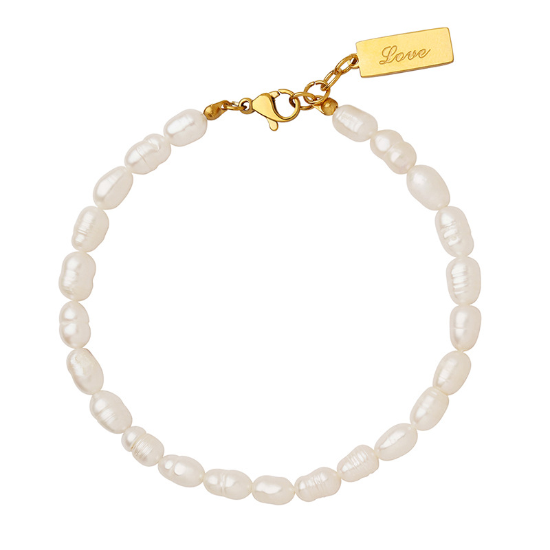 French-Inspired Titanium Steel 18K PVD Gold Plated Alphabet Pendant and Freshwater Pearl Bracelet