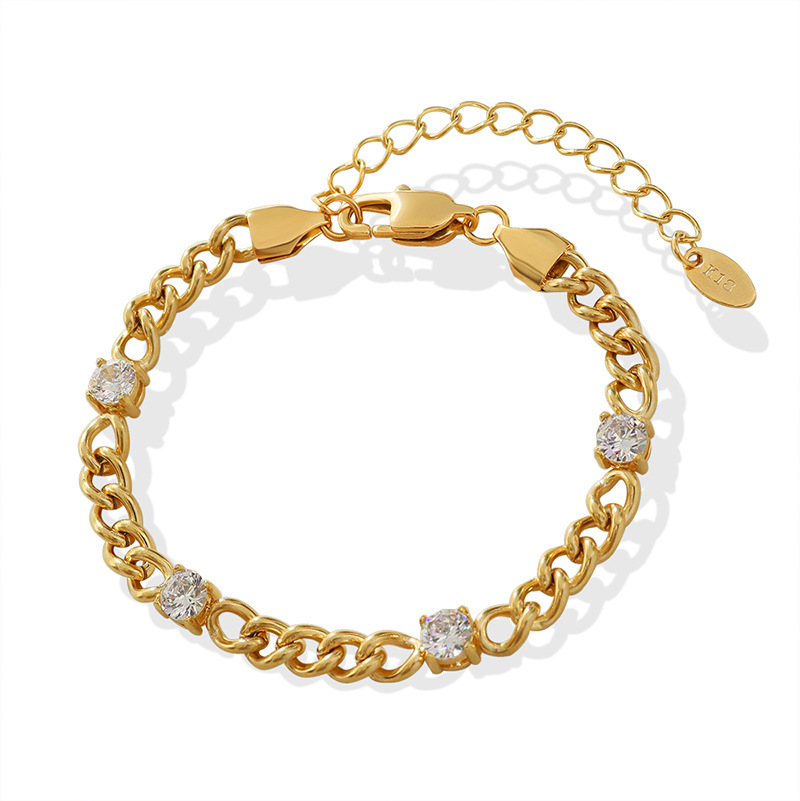 Elegant Zircon Four-Corner Inlaid Bracelet 18K PVD Gold Plated Stainless Steel Jewelry for Women