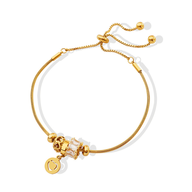 Trendy Zircon Pull-Button Bracelet 18K PVD Gold Plated Titanium Steel Jewelry for Women