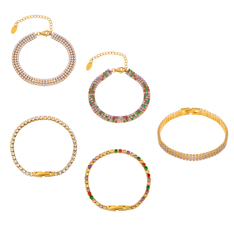 Elegant Luxe Colorful Zircon Full Inlaid Bracelet 18K PVD Gold Plated Titanium Steel Jewelry