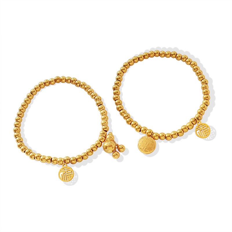 Chinese-Inspired Fook Lucky Bead Bracelet for Women 18K PVD Gold Plated Titanium Steel
