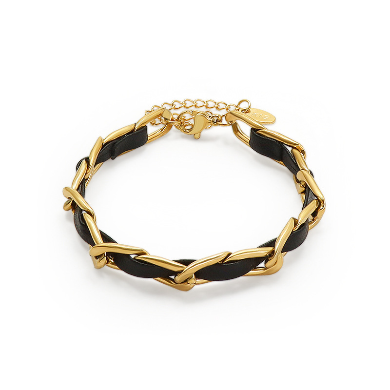 Leather Cord Chain Bracelet 18K PVD Gold Plated Titanium Steel Couple Jewelry