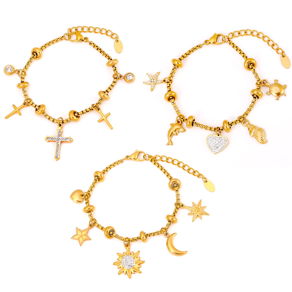 Retro Box Chain Bracelet with Multi-Pendant Design 18K PVD Gold Plated Titanium Steel Jewelry
