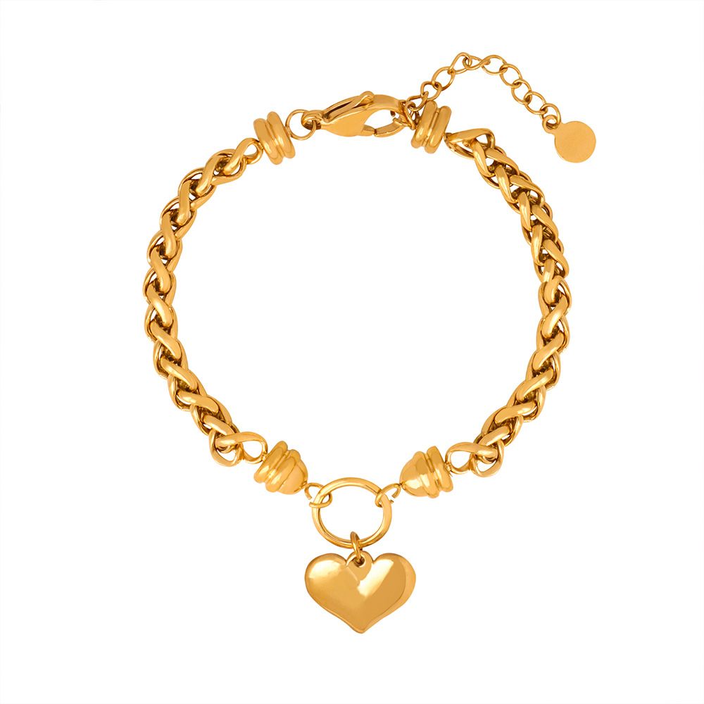 Geometric Chain Bracelet with Heart Pendant 18K PVD Gold Plated Titanium Steel Elegant Design Jewelry