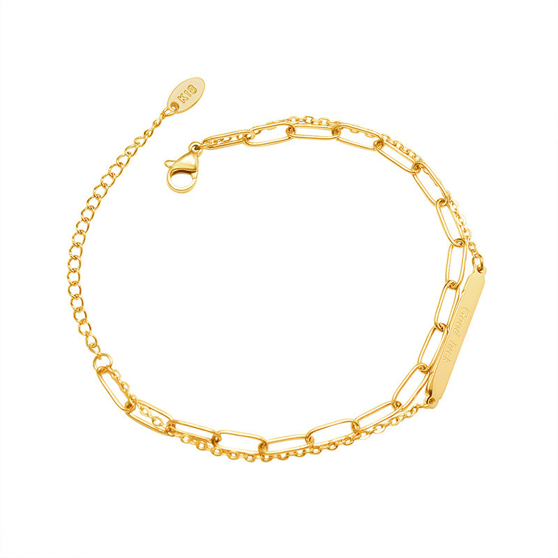 Luxe Good Luck Long Tag Double-Layer Bracelet 18K PVD Gold Plated Titanium Steel Trendy Jewelry