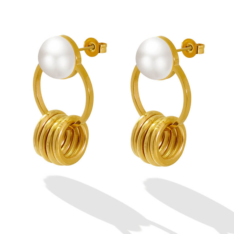 European retro double hoop pearl drop earrings titanium steel 18k PVD gold plated lightweight earrings wholesale