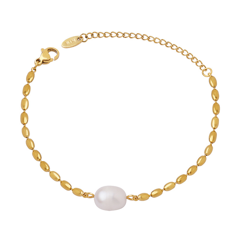 Freshwater Pearl Bead Chain Bracelet Unisex Trendy 18K PVD Gold Plated Titanium Steel for Friends