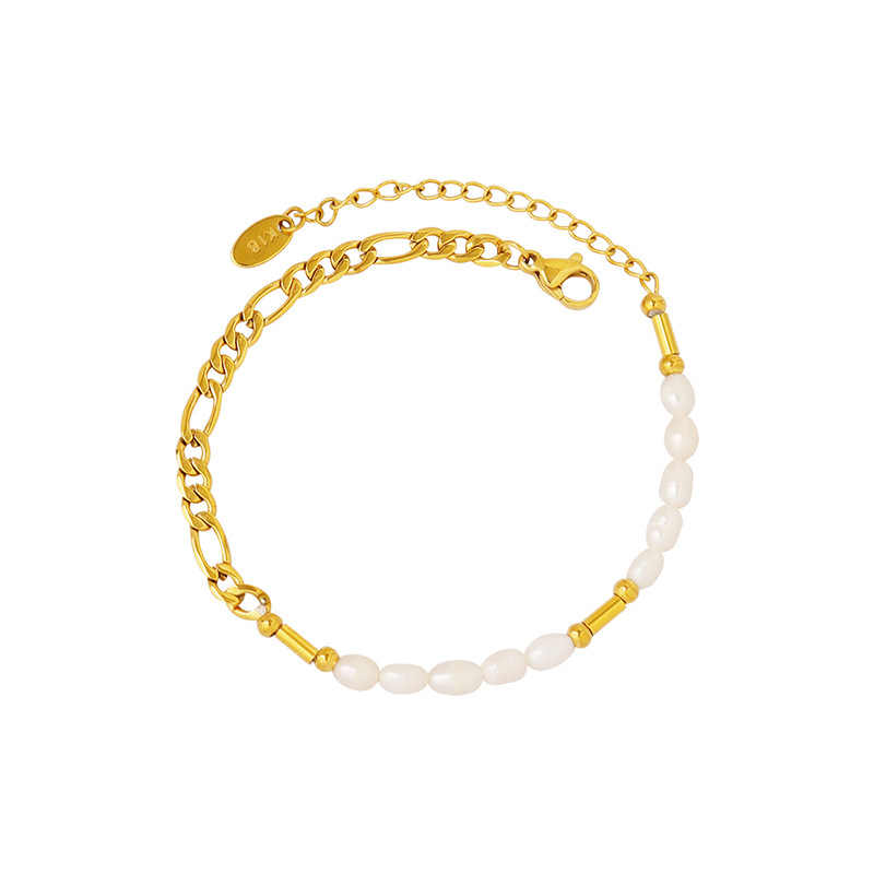 Beach Vacation Style Beaded Pearl Bracelet 18K PVD Gold Plated Titanium Steel Trendy Jewelry