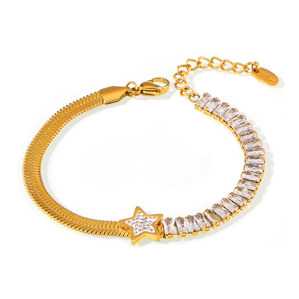 French INS Blade Chain Pentagram Rectangle Zircon Bracelet Luxe 18K PVD Gold Plated Titanium Steel Jewelry