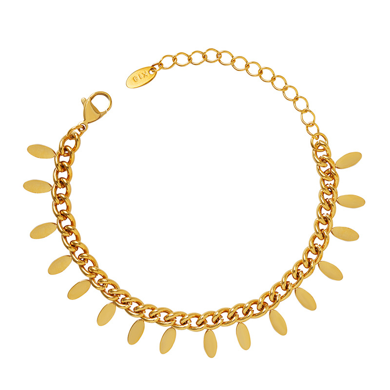 Thai Style Simple Chain Leaf Tassel Bracelet 18K PVD Gold Plated Titanium Steel Jewelry