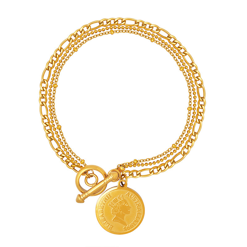 Fashionable Retro Men Round Pendant OT Buckle Bracelet 18K PVD Gold Plated Titanium Steel Jewelry for Women