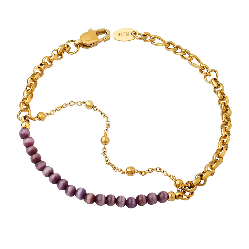 Trendy Casual Cat Eye Stone Double-Layer Chain Bracelet 18K PVD Gold Plated Titanium Steel Jewelry