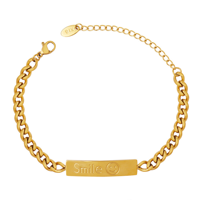 Hip Hop Style Square Plate Pendant Chunky Chain Bracelet 18K PVD Gold Plated Titanium Steel Smile Face