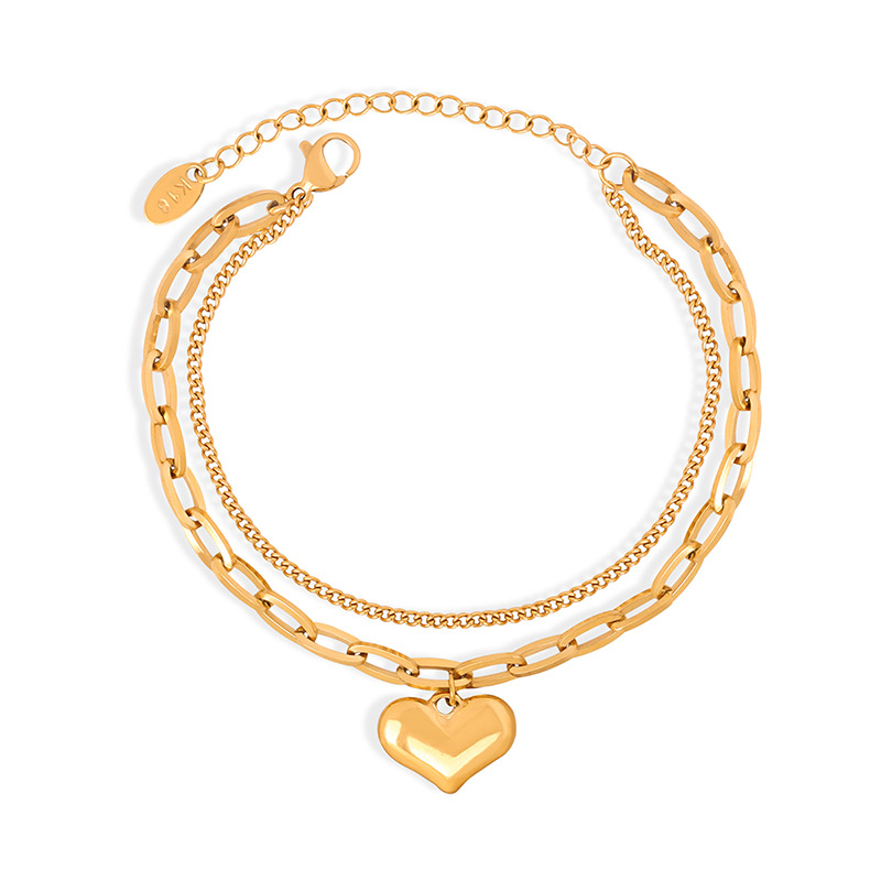 European Style Double-Layer Heart Pendant Bracelet 18K PVD Gold Plated Titanium Steel Jewelry for Women