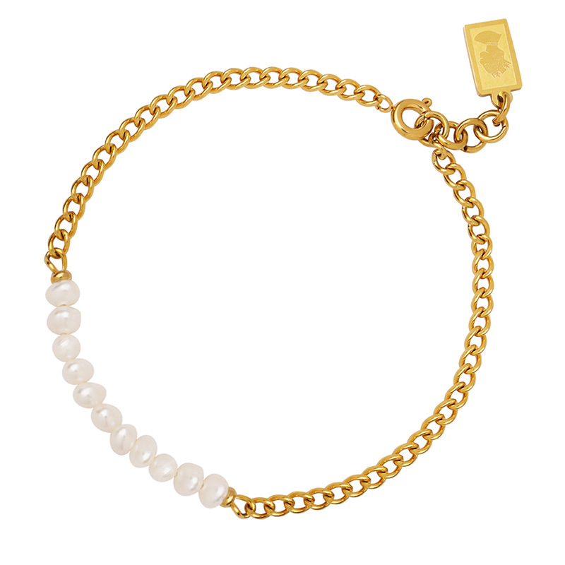 Simple Friendship Bracelet for Women Titanium Steel Gold Plated Freshwater Pearl Bead Vintage Non-Fading Jewelry