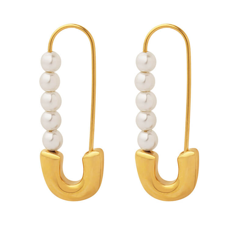European hot-selling vintage safety pin pearl earrings titanium steel 18k PVD gold plated lightweight studs