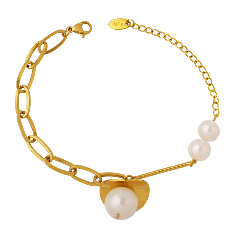 European Vintage Faux Pearl Chain Bracelet Friendship Style Titanium Steel 18K Gold Plated Non-Fading Jewelry