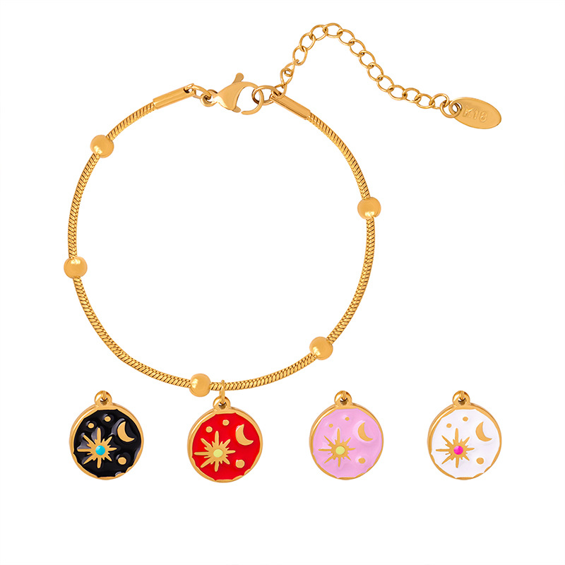 European Retro Fashion Sun Moon Myth Enamel Color Glaze Titanium Steel Gold Plated Pendant Bracelet