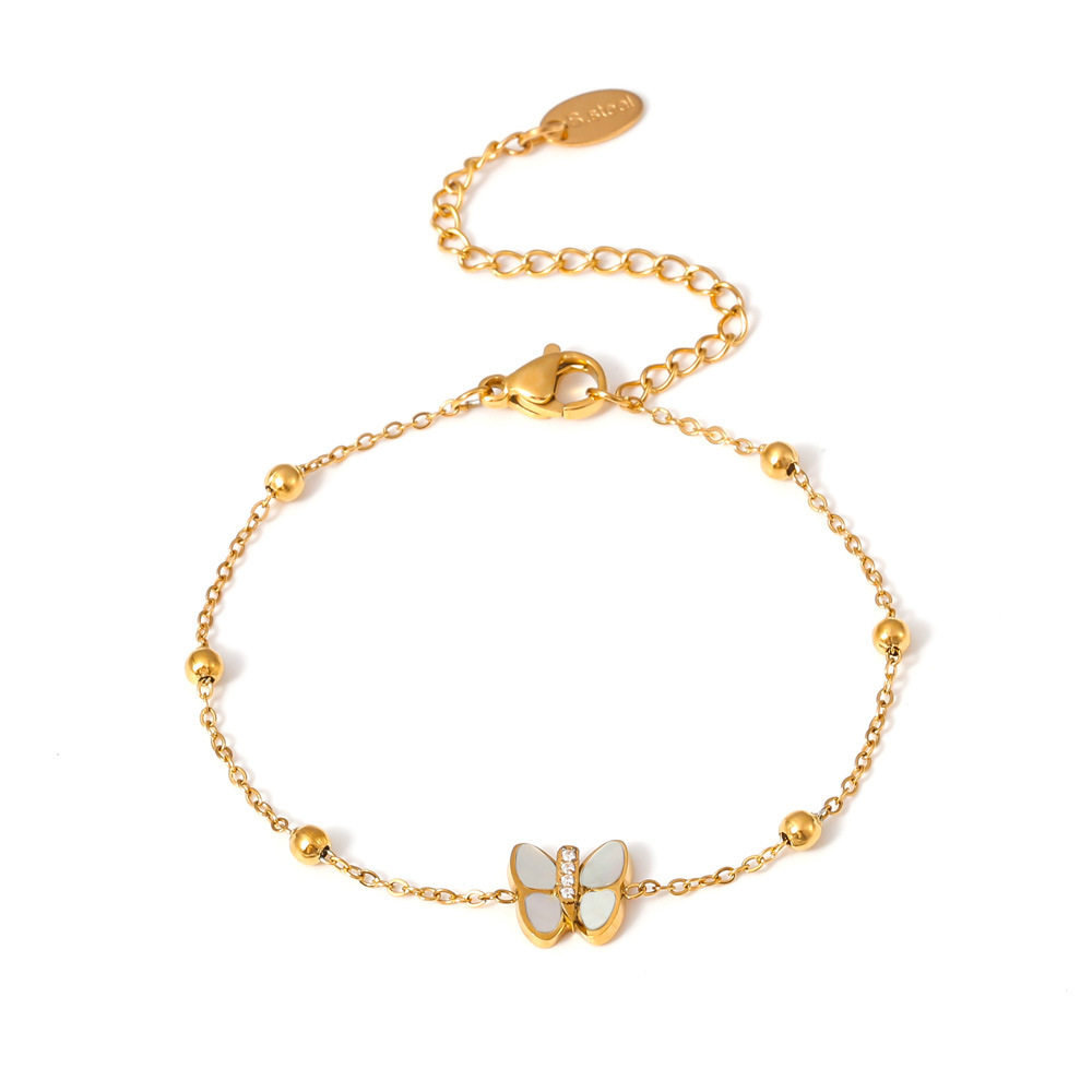 Luxe Butterfly Bead Bracelet Natural Mother of Pearl with 3A Zircon Titanium Steel Gold Plated 18K Non-Fading Jewelry