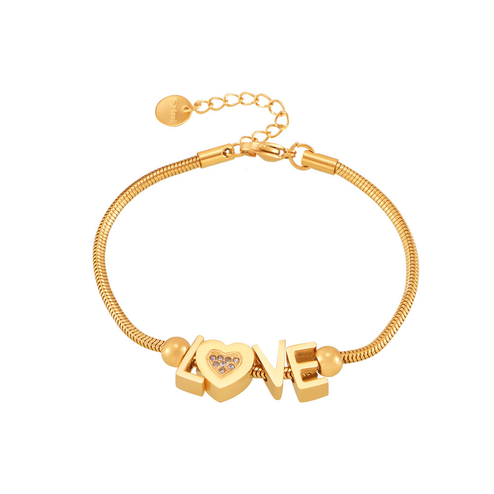 Golden Letter LOVE Zircon Titanium Steel 18K PVD Gold Plated Elegant Bracelet for Girlfriend