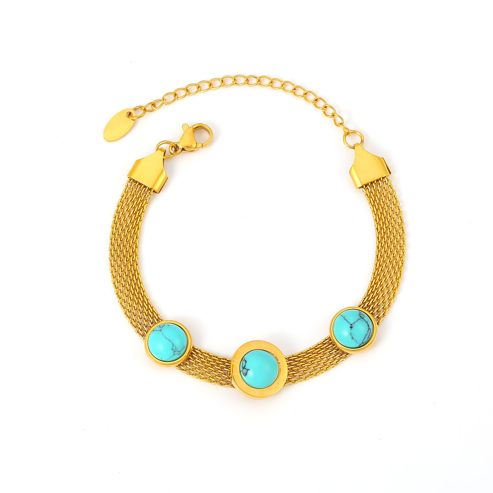 European Style Wide Mesh Round Turquoise Bracelet Vintage Design Titanium Steel 18K PVD Gold Plated Jewelry