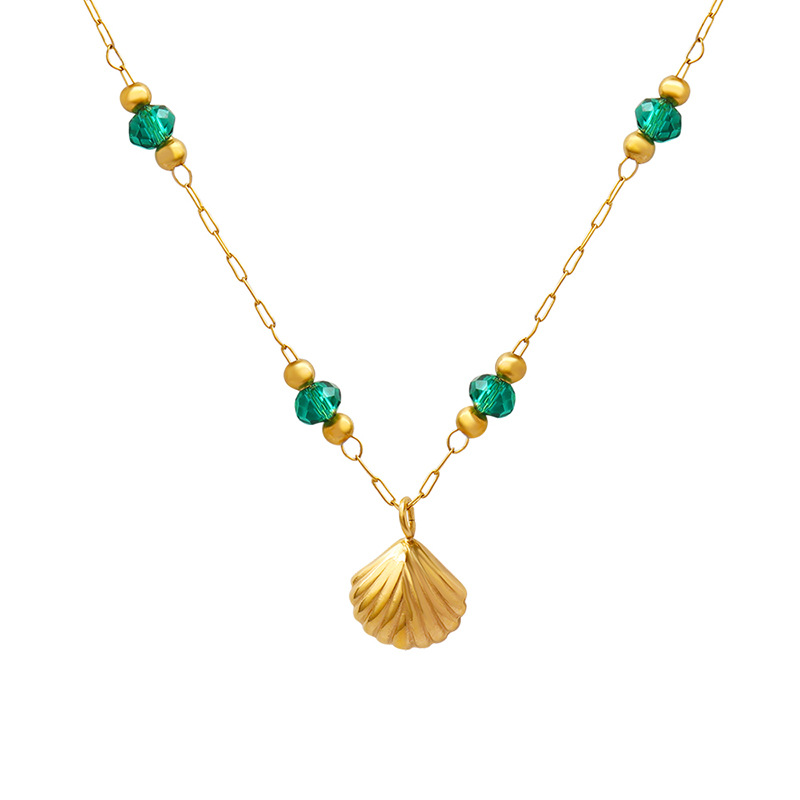 Korean Trendy Crystal Bead Seashell Pendant Necklace Ins Style 18K PVD Gold Plated Stainless Steel