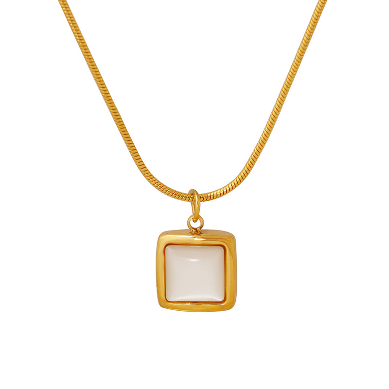 French Ins Cool Style Square White Shell Pendant Necklace 18K PVD Gold Plated Stainless Steel Round Snake Chain Jewelry
