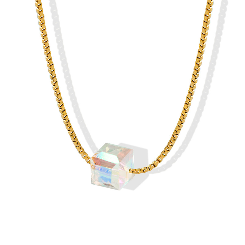 European Ins Glass Crystal Pendant Necklace Trendy Stylish 18K PVD Gold Plated Stainless Steel Box Chain
